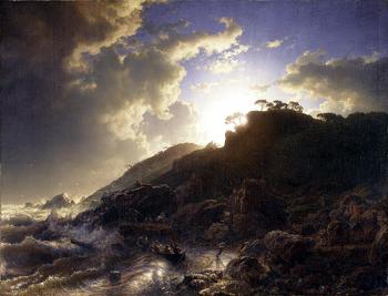 安德烈亞斯 阿亨巴赫 風暴之後的西西裡島海岸日落